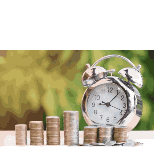 "शेयर मार्केट में समय और निवेश का महत्व – घड़ी और सिक्कों का प्रतीक"