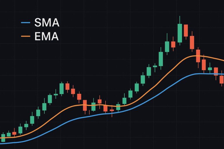 Candlestick Chart पर दिखाया गया Simple और Exponential Moving Average Indicator