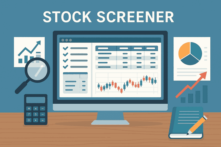 "Simple stock screener interface illustration with search button and market arrows"