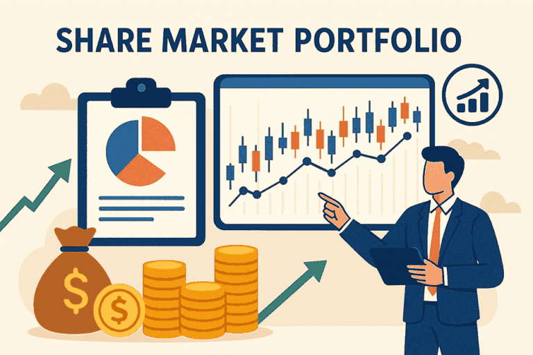 Share Market Portfolio कैसे बनाएं – सही शेयर चयन और Diversification की प्रक्रिया का सरल विजुअल।