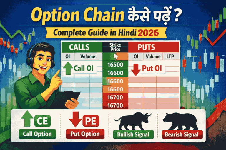 Option Chain कैसे पढ़ें? (Complete Guide in Hindi 2026) Option chain kaise padhe Hindi me, call put OI analysis, strike price aur market trend samjhte hue option chain table