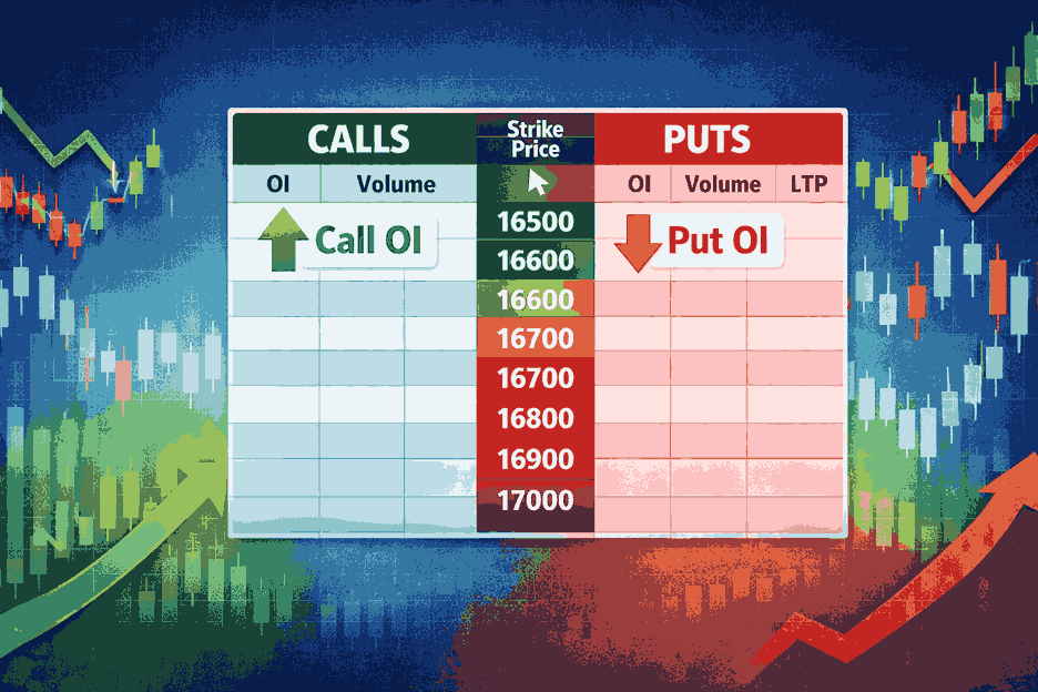 option chain kaise padhe hindi me, call put OI analysis, strike price option chain, bullish bearish signal