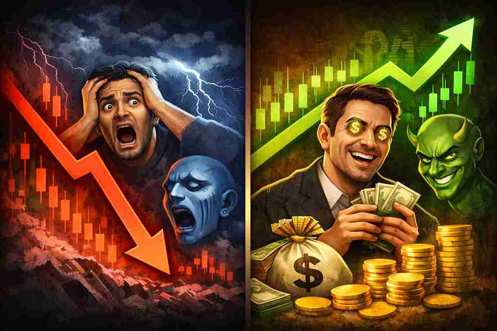 Stock market trading psychology showing fear and greed emotions with falling and rising charts