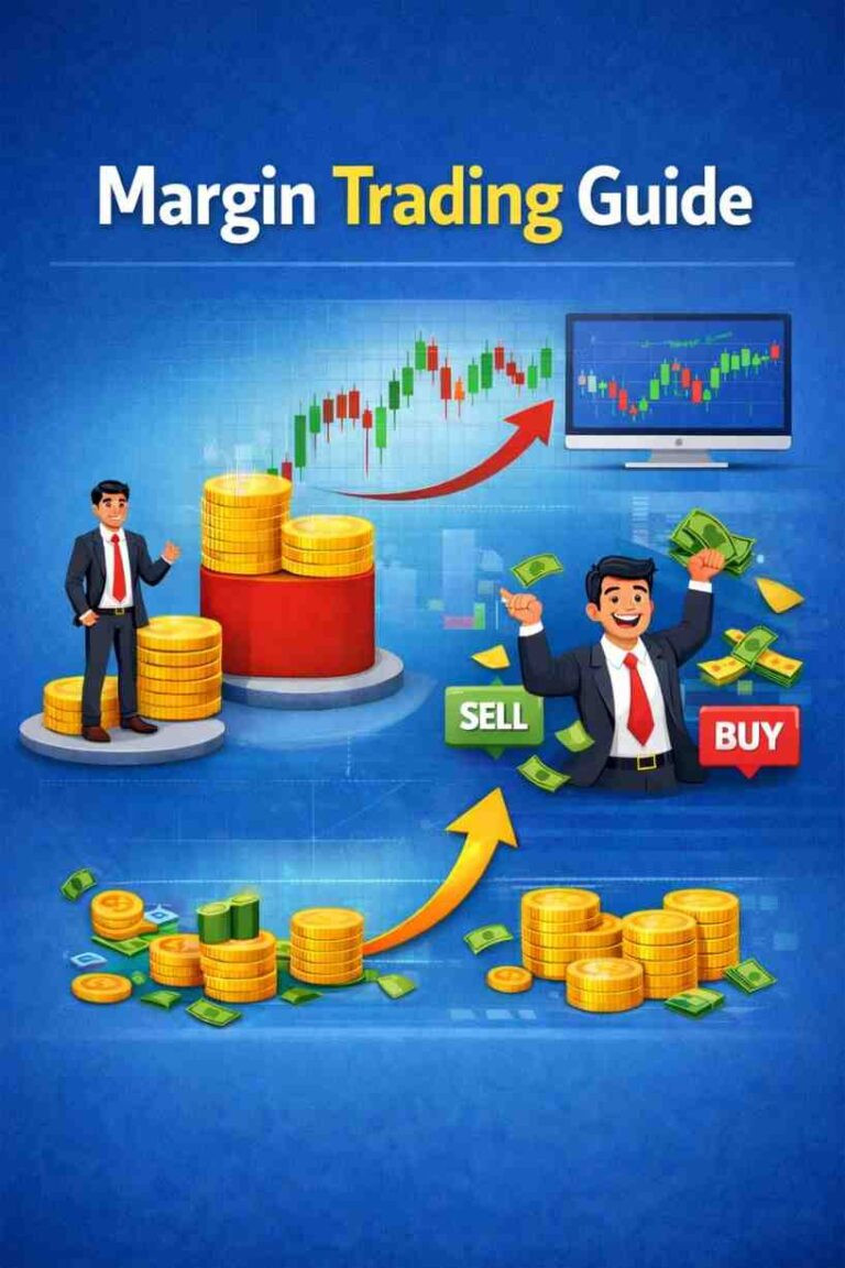 Margin Trading क्या है? | Margin Trading कैसे काम करता है, फायदे, नुकसान और पूरी जानकारी | Margin Trading में कम पूंजी से ज्यादा शेयर खरीदने की प्रक्रिया दिखाता हुआ स्टॉक मार्केट ग्राफ और Buy/Sell विकल्प