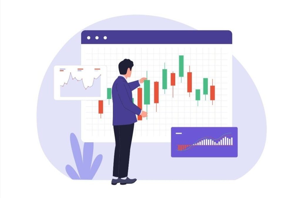 stock market trader analyzing charts and market sentiment for trading strategy