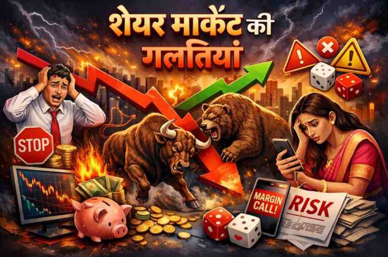 Share Market की सबसे बड़ी गलतियां – Beginner से Pro तक सभी को बचना चाहिए (2026 Guide) शेयर मार्केट में होने वाली 5 बड़ी गलतियों का चित्र जिसमें panic selling, greed, बिना रिसर्च निवेश और stop loss न लगाना दिखाया गया है