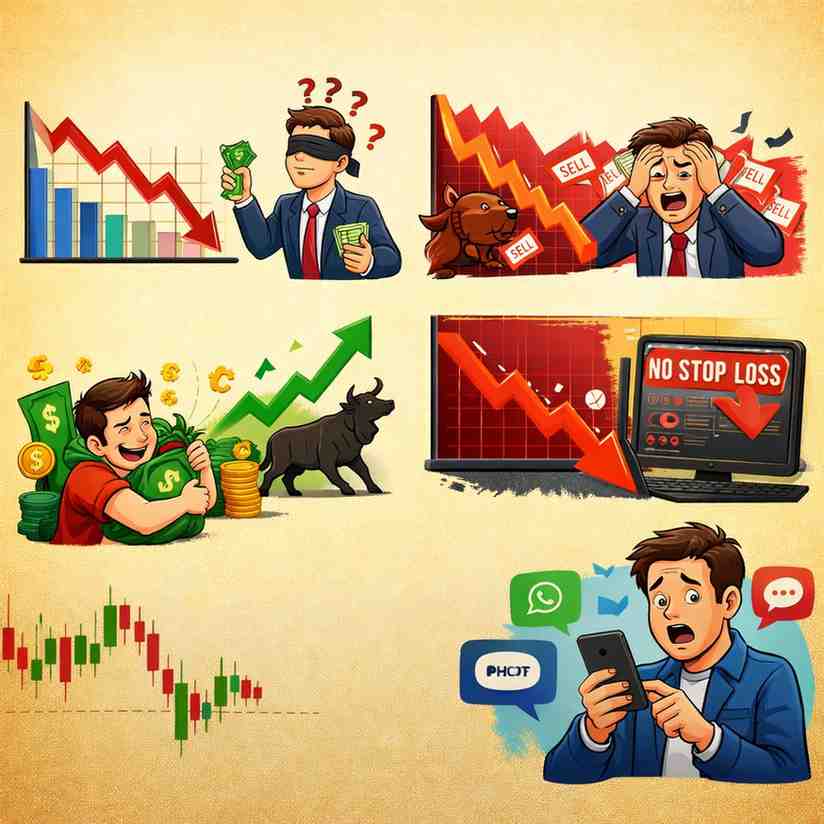 शेयर मार्केट में beginners की गलतियां जैसे panic selling, greed, बिना रिसर्च निवेश और stop loss न लगाना