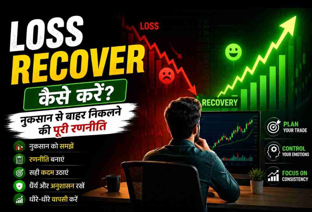 Loss Recover Kaise Kare? – नुकसान से बाहर निकलने की पूरी रणनीति (Complete Guide in Hindi) नुकसान के बाद नई शुरुआत की योजना बनाता व्यक्ति, सफलता और रिकवरी को दर्शाता हुआ ग्राफ